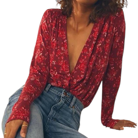 Free People Tops - Free People Everything’s Rosy Red Long Sleeve Bodysuit Size L